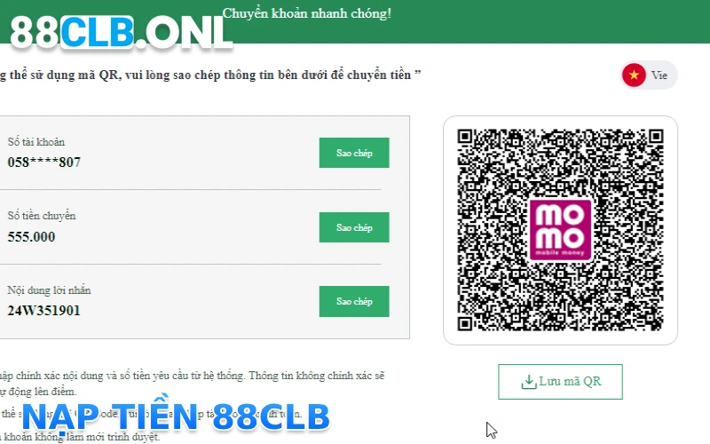 Mã QR dùng để quét thanh toán chuyển tiền vào tài khoản tại 88CLB